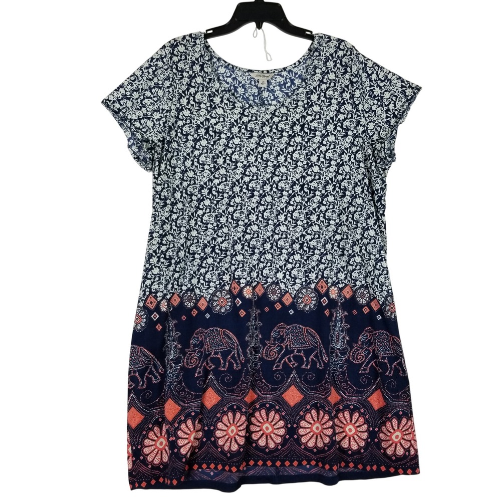 Lucky Brand Shift Dress Women‎ 2X Navy Blue Floral Elephant Print  Short Slv